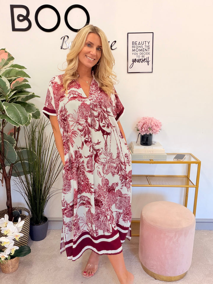 Ladies Jungle Print Loose Fit Summer Maxi Dress - Wine, Brown & Denim Blue