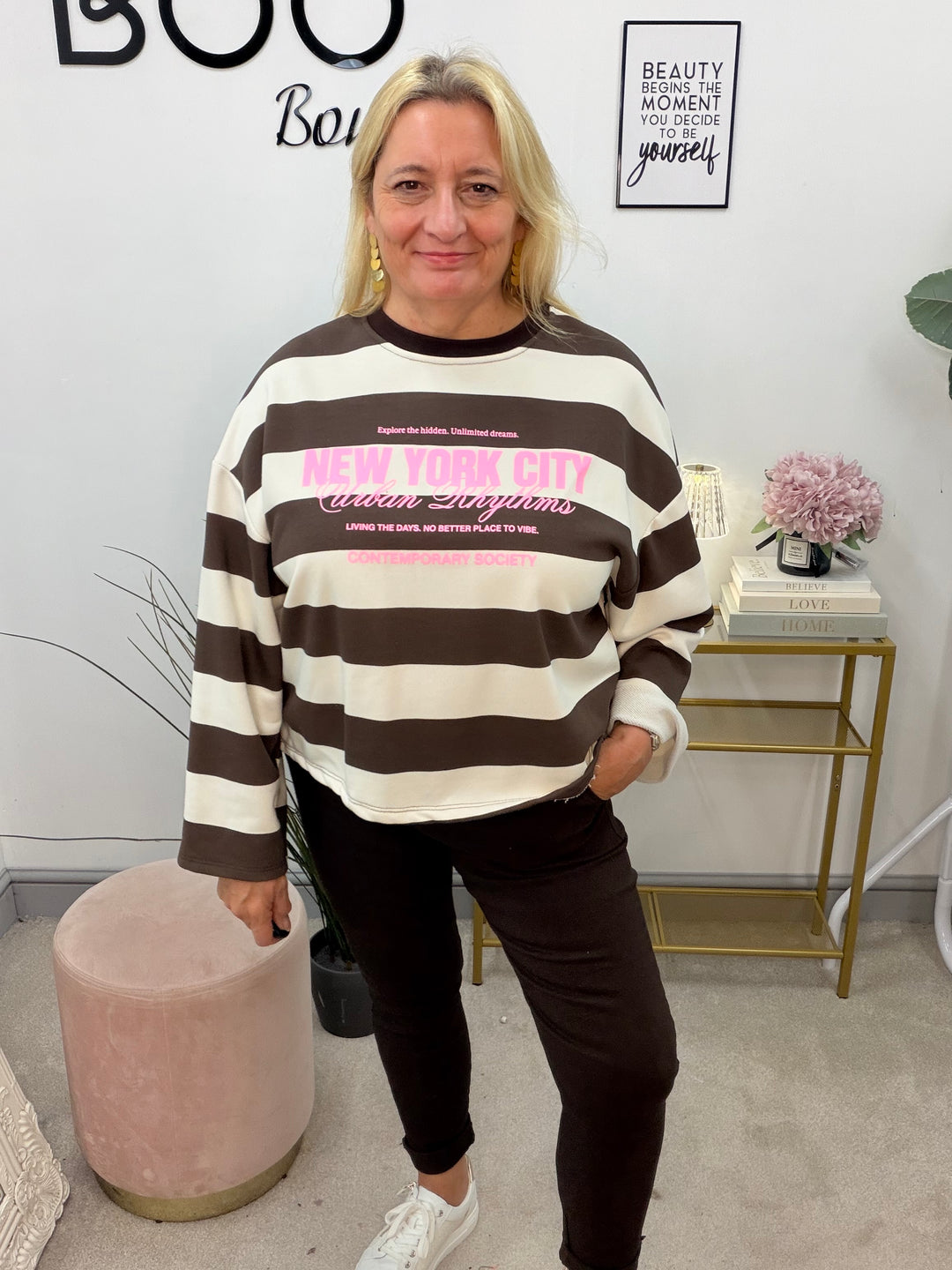 Ladies Brown & Cream Stripe Sweatshirt Top
