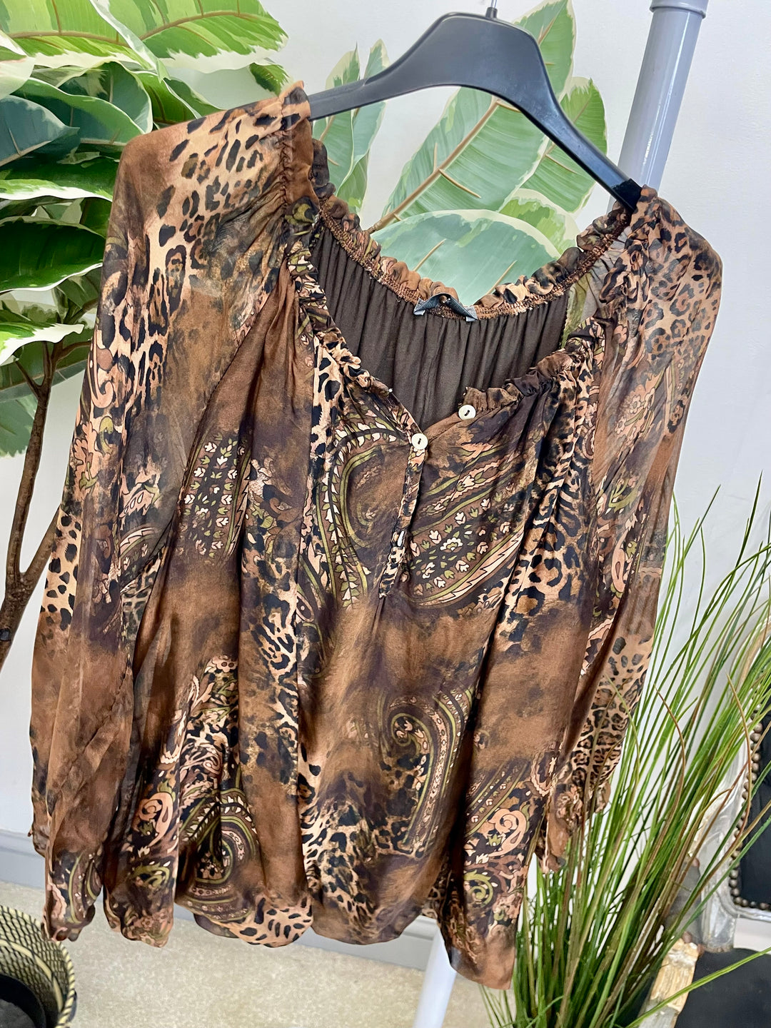 LADIES ANIMAL PRINT CHIFFON BARDOT TOP - CAMEL & BROWN