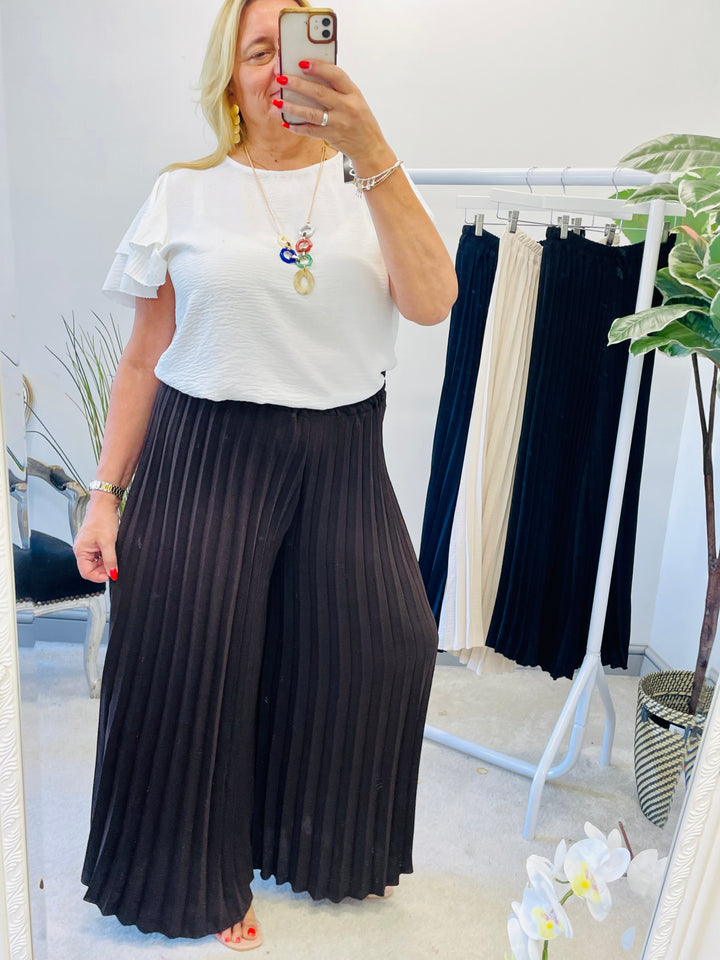 LADIES PLEATED WIDE LEG CULOTTE TROUSERS - BLACK, NAVY, BROWN, BEIGE
