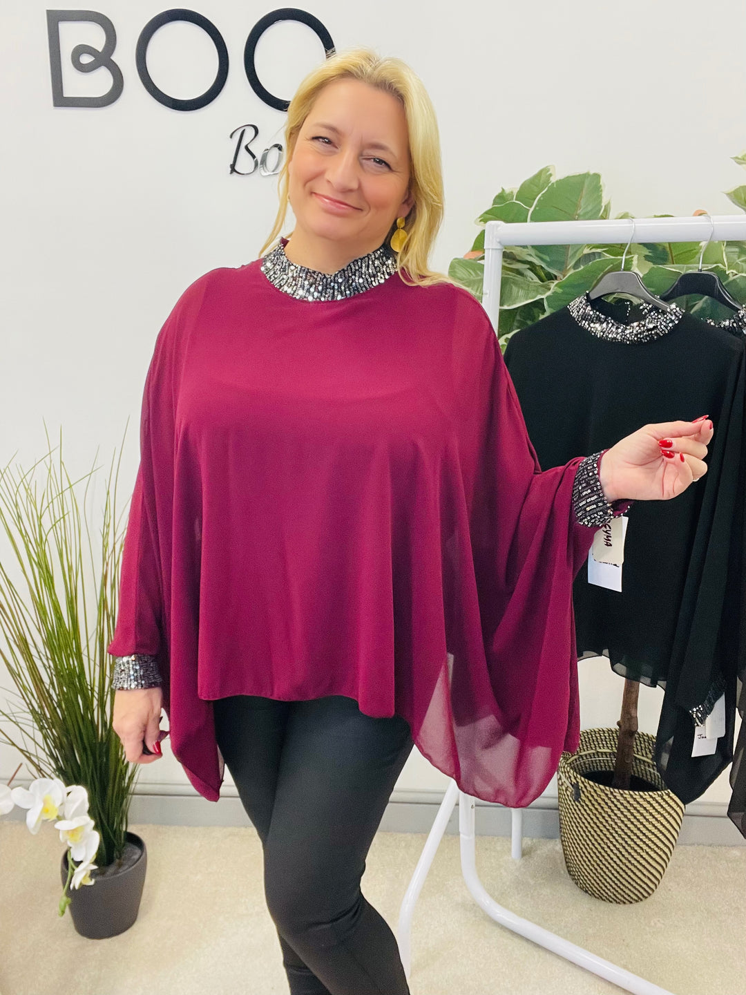 LADIES CHIFFON FLOATY SEQUIN PARTY TOP - BROWN, BLACK, BERRY