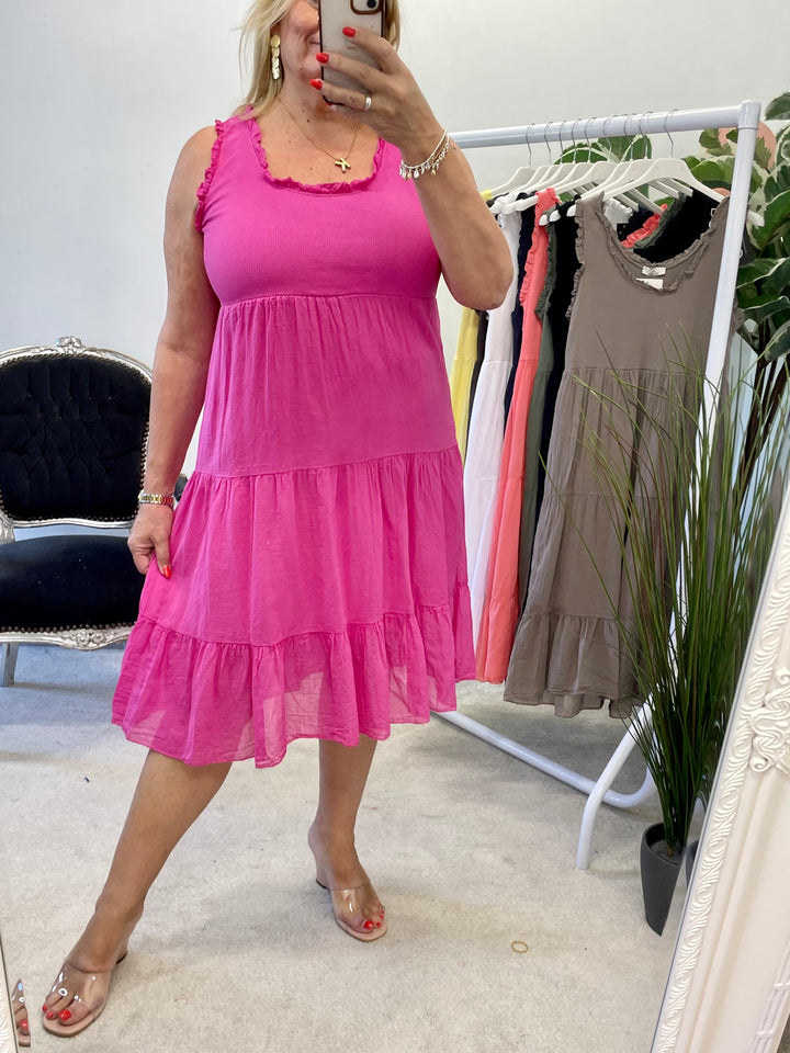 LADIES COTTON SUMMER EASY TO WEAR DRESS - YELLOW, FUSCHIA PINK, KHAKI, DARK BEIGE, BROWN, LIGHT BEIGE, WHITE, CORAL, WHITE, NAVY