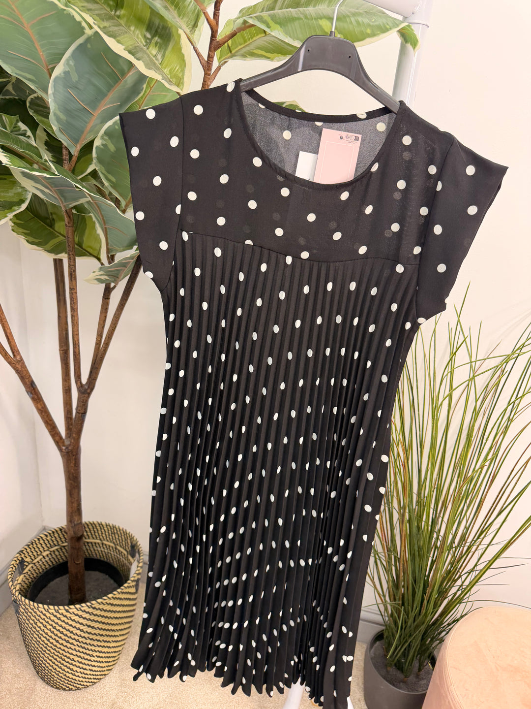 Ladies Pleated Polka Dot Midi Day Dress - black, navy, pink, blue, beige 