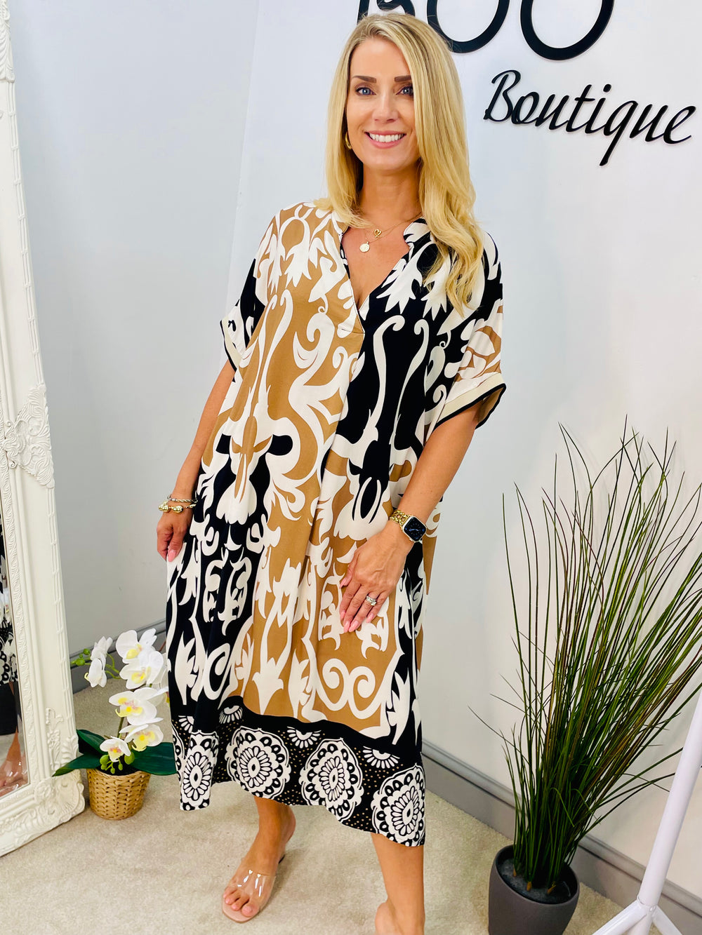 LADIES BRIGHT PRINT LOOSE FIT SUMMER SHIFT DRESS - BLUE, PINK & BLACK