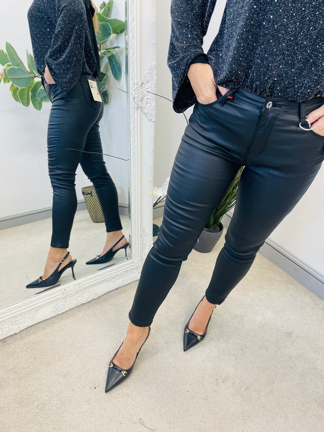 LADIES BLACK COATED SKINNY JEANS