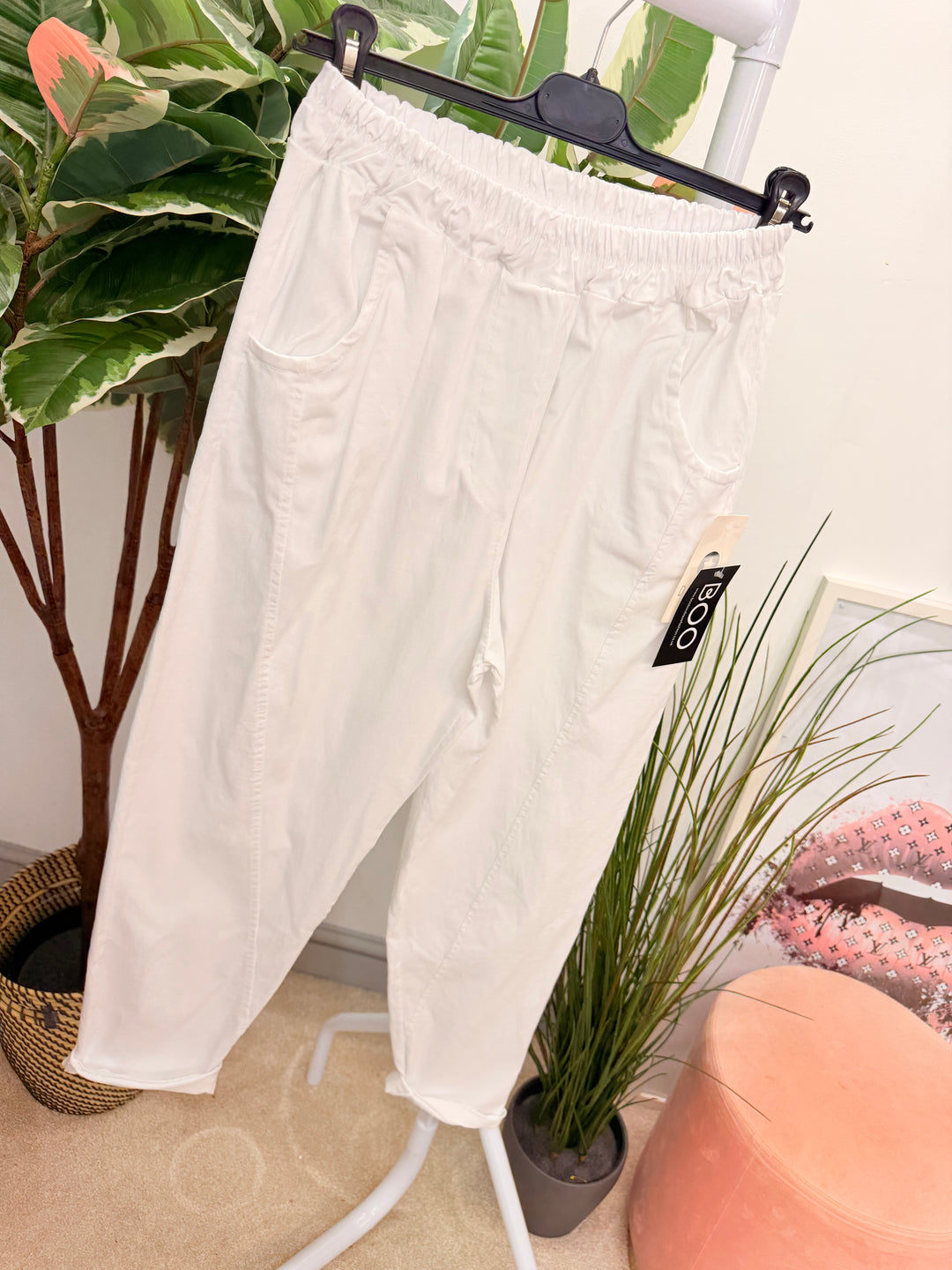 Ladies Fashion Stretch Balloon Leg Magic Trousers - White, Khaki, Denim & Lime