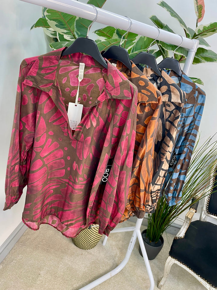 LADIES V NECK FLOATY TOP BLOUSE - BROWN, BLUE, RASPBERRY, BLACK