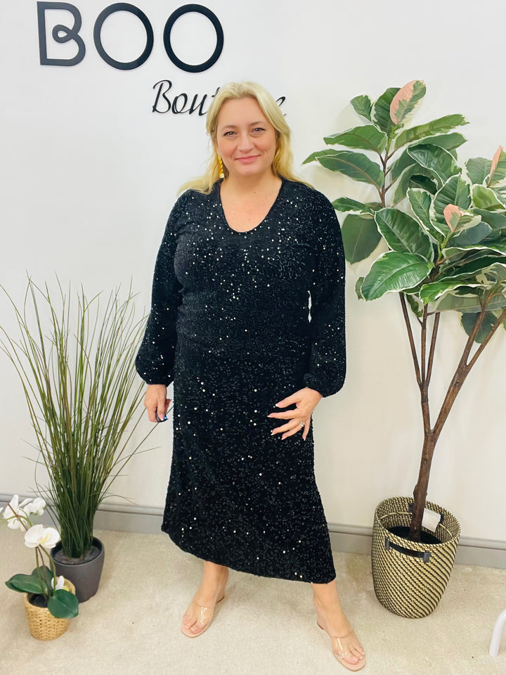 LADIES SEQUIN MAXI SKIRT - BLACK & SILVER