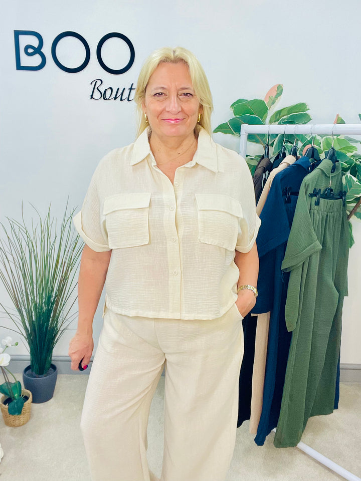 LADIES WIDE LEG TROUSER, CARGO TOP CO ORD SET - KHAKI, BLACK, BROWN, NAVY, CREAM, BEIGE