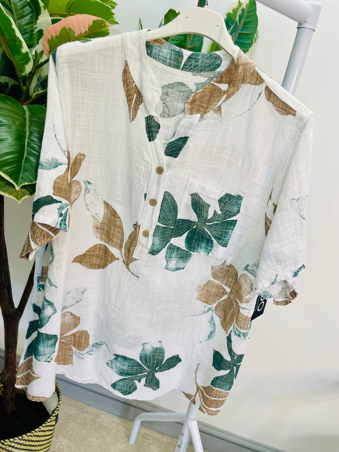 LADIES LEAF PRINT LINEN GRANDAD SHIRT TOP - WHITE & KHAKI