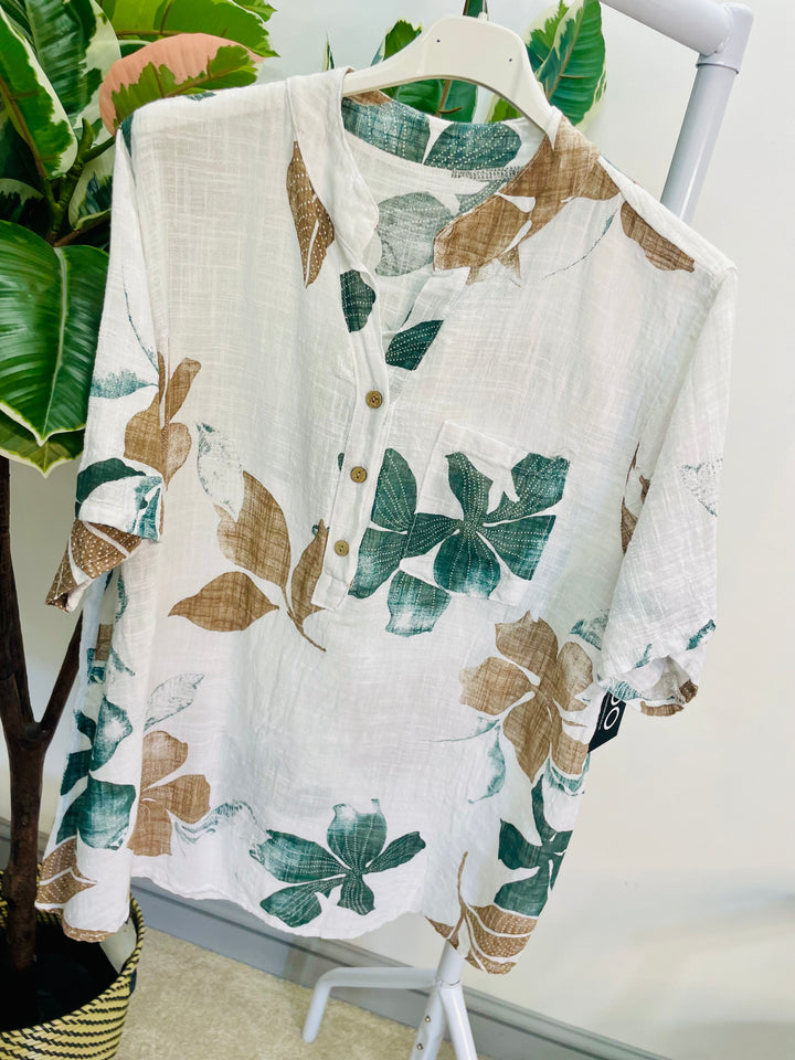 LADIES LEAF PRINT LINEN GRANDAD SHIRT TOP - WHITE & KHAKI