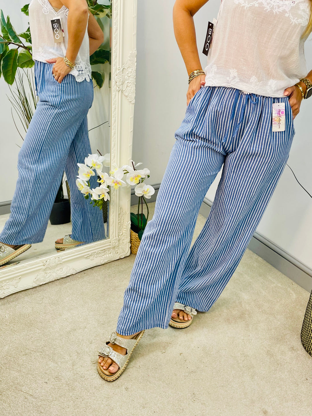 LADIES LINEN COTTON PINSTRIPE WIDE LEG CASUAL TROUSER - WHITE, DENIM BLUE, MOCHA & BROWN