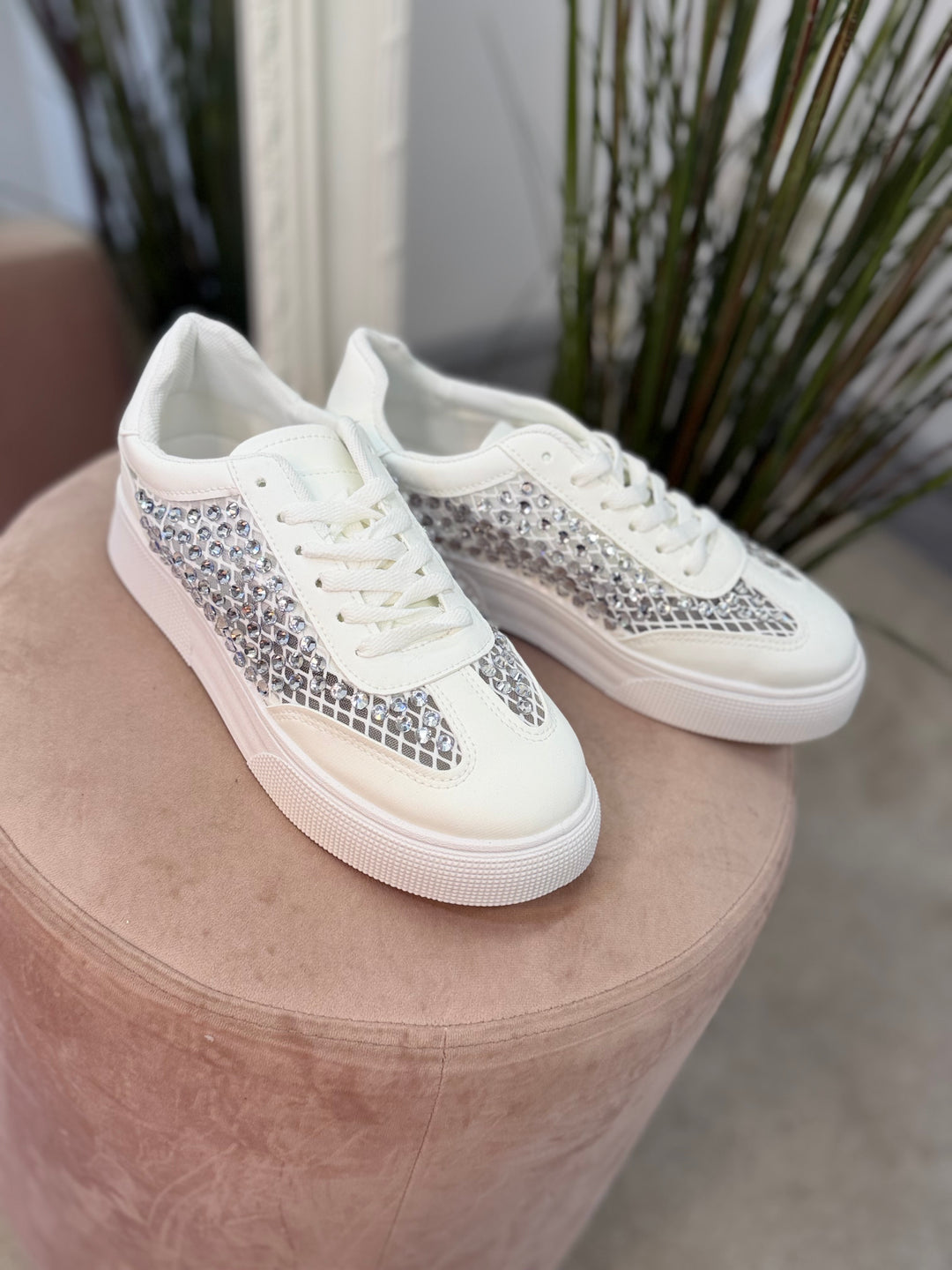 Ladies Fashion White Crystal Diamante Embellished Trainers