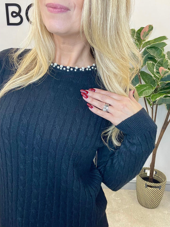 LADIES CABLE KNIT PEARL NECK JUMPER - BERRY, CREAM, BLACK, RED, BROWN