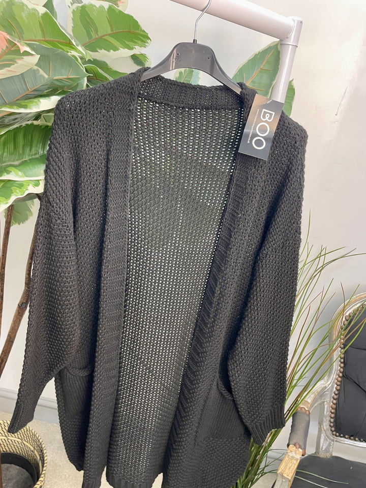 LADIES WAFFLE KNIT LONG LINE CARDIGAN - BLACK, BROWN & BEIGE