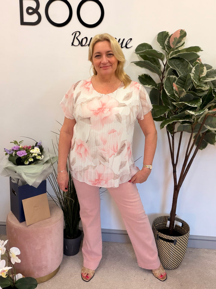 Ladies Fashion Floral Print Pleated Chiffon Blouse Top - pink, white, blue & lemon