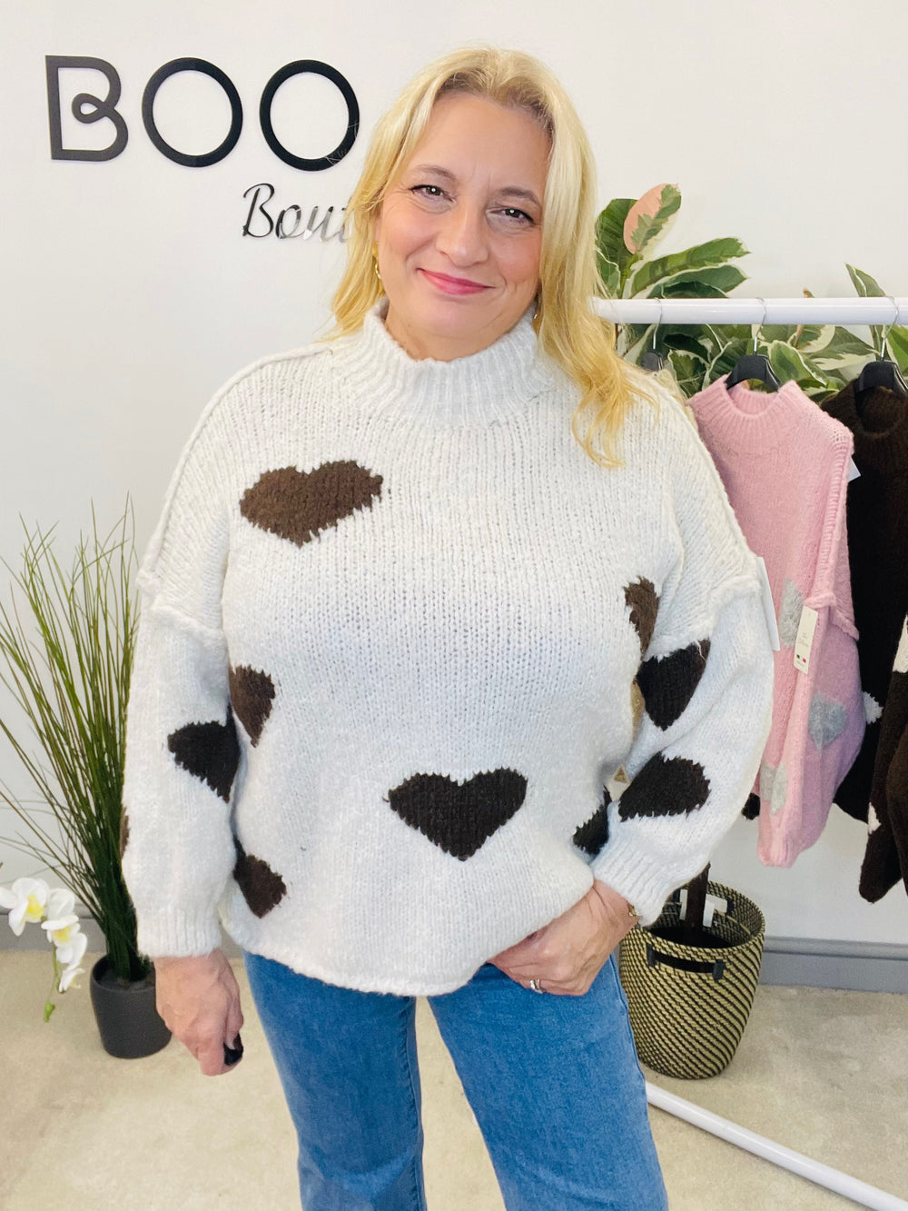 LADIES CHUNKY KNIT HEART JUMPER - MOCHA, BEIGE, BROWN & PINK