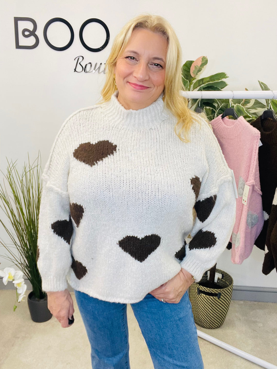 LADIES CHUNKY KNIT HEART JUMPER - MOCHA, BEIGE, BROWN & PINK