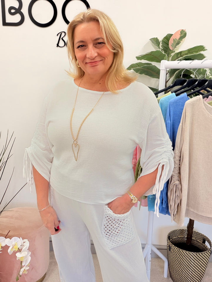 Ladies Fashion Ruche Sleeve Teabag Linen Top white