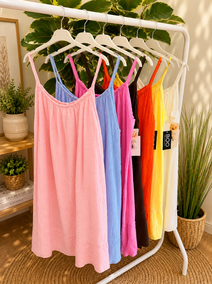 Ladies Cheesecloth Sun Dress - Brown, Pink, White, Lemon, Blue, Orange