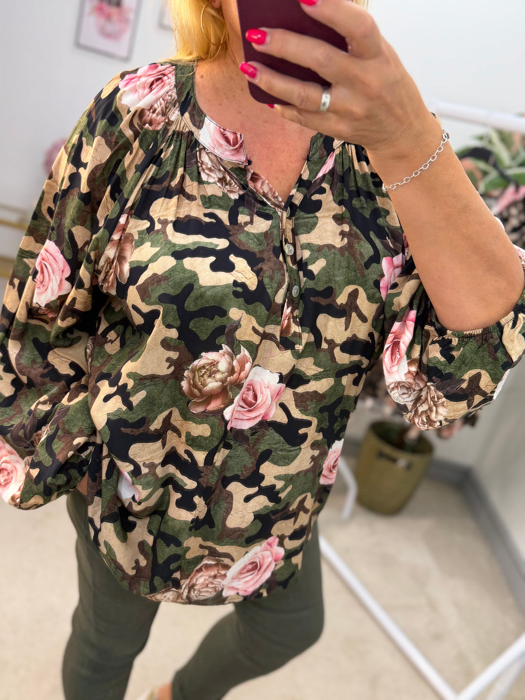 Ladies Fashion Loose Fit Camouflage Top Blouse - Khaki & Black