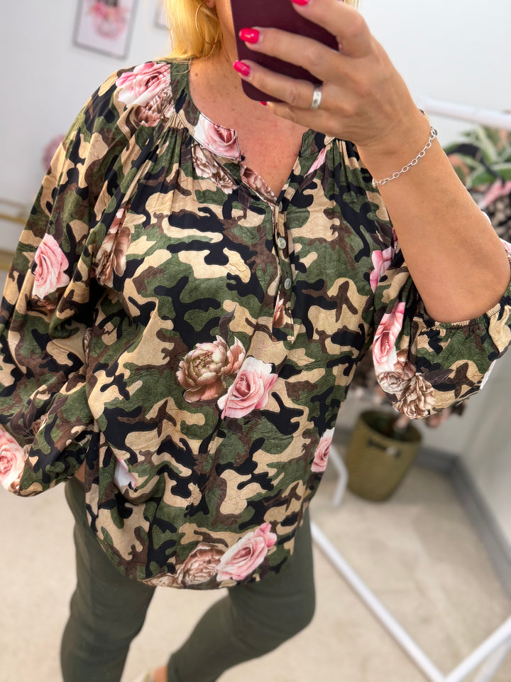 Ladies Fashion Loose Fit Camouflage Top Blouse - Khaki & Black