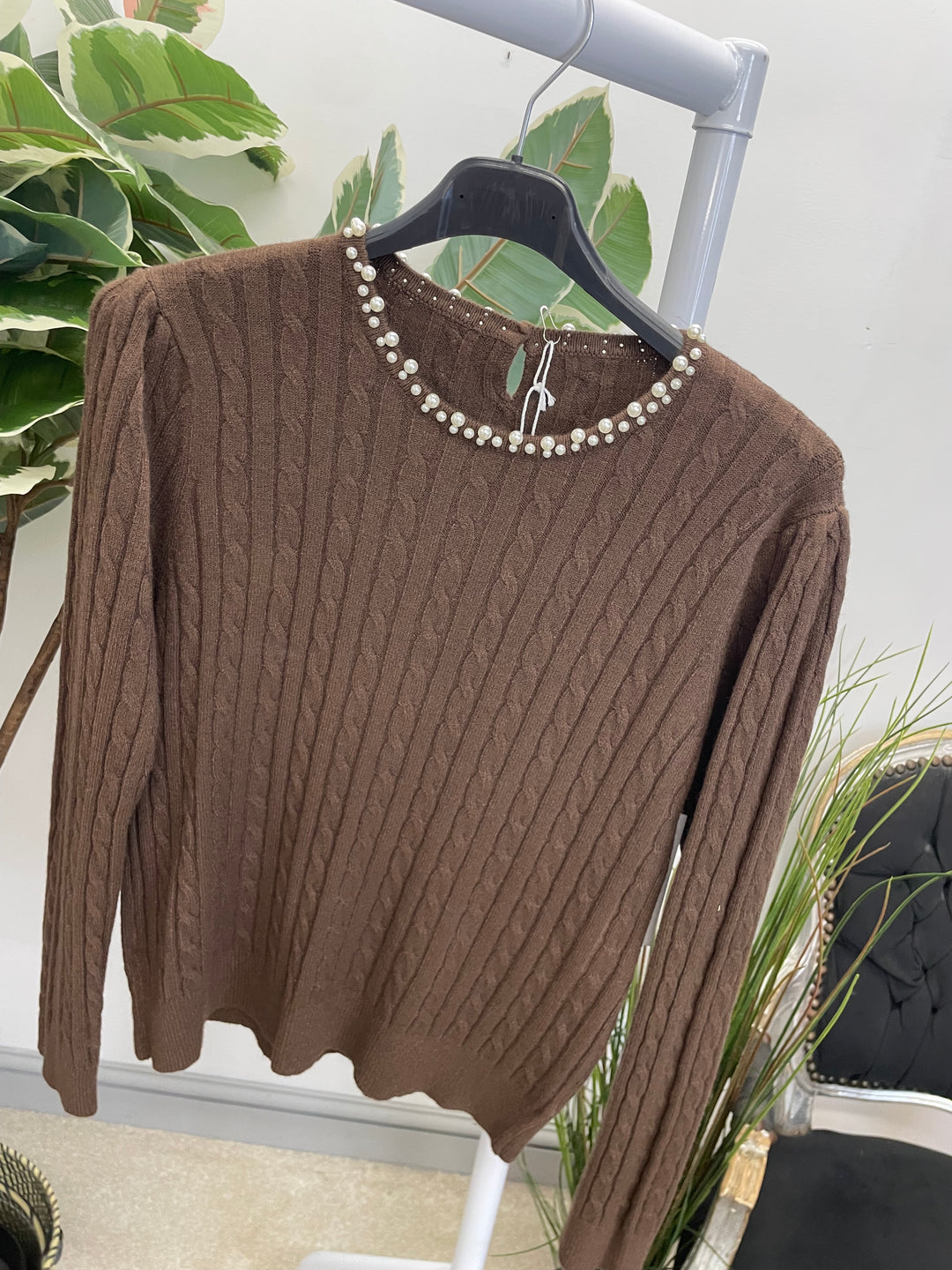 LADIES CABLE KNIT PEARL NECK JUMPER - BERRY, CREAM, BLACK, RED, BROWN