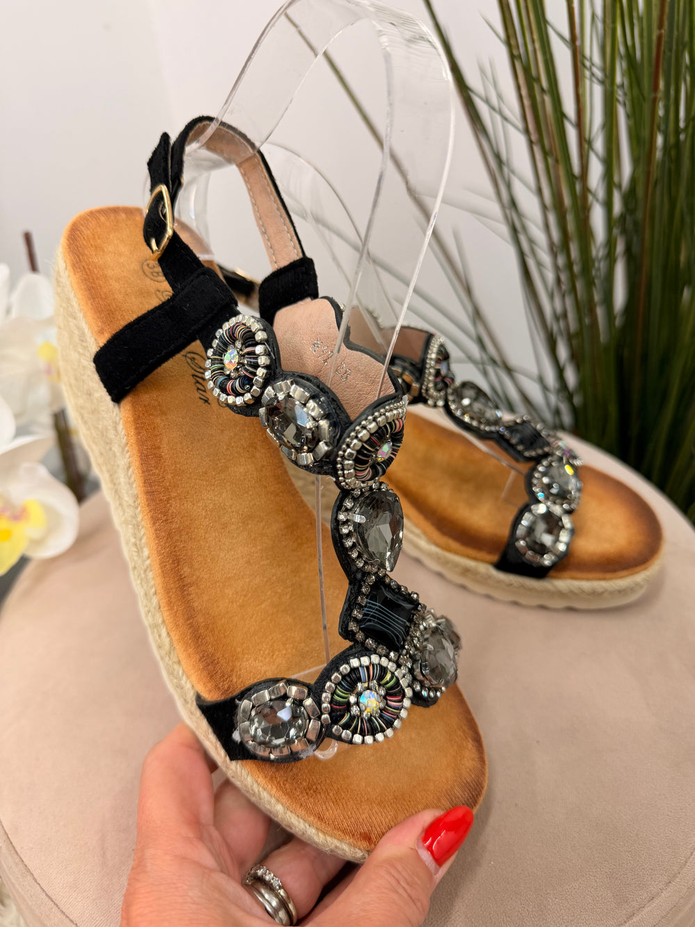 Ladies Fashion Black Jewelled Mid Wedge Heel Sandals