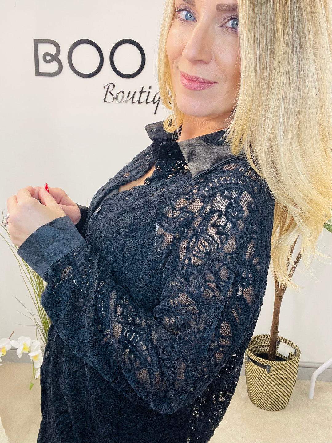 LADIES SHEER LACE BLOUSE SHIRT - BROWN, BLACK & BERRY