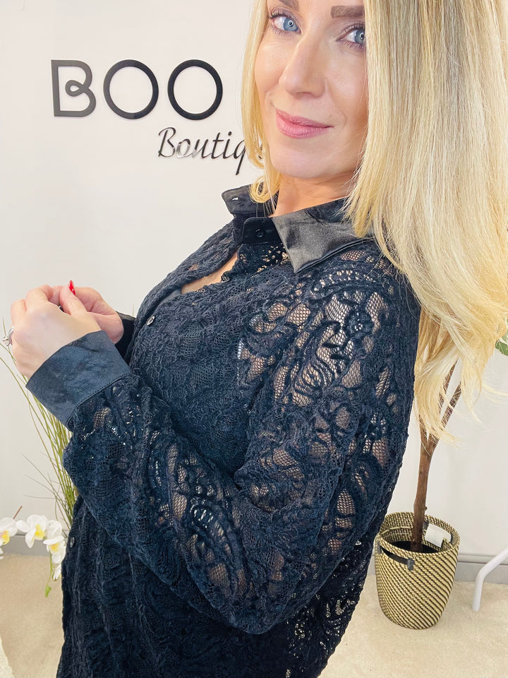 LADIES SHEER LACE BLOUSE SHIRT - BROWN, BLACK & BERRY