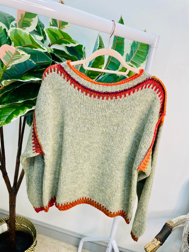 LADIES WINTER CONTRAST STITCH KNIT JUMPER - CREAM, KHAKI & BLUE
