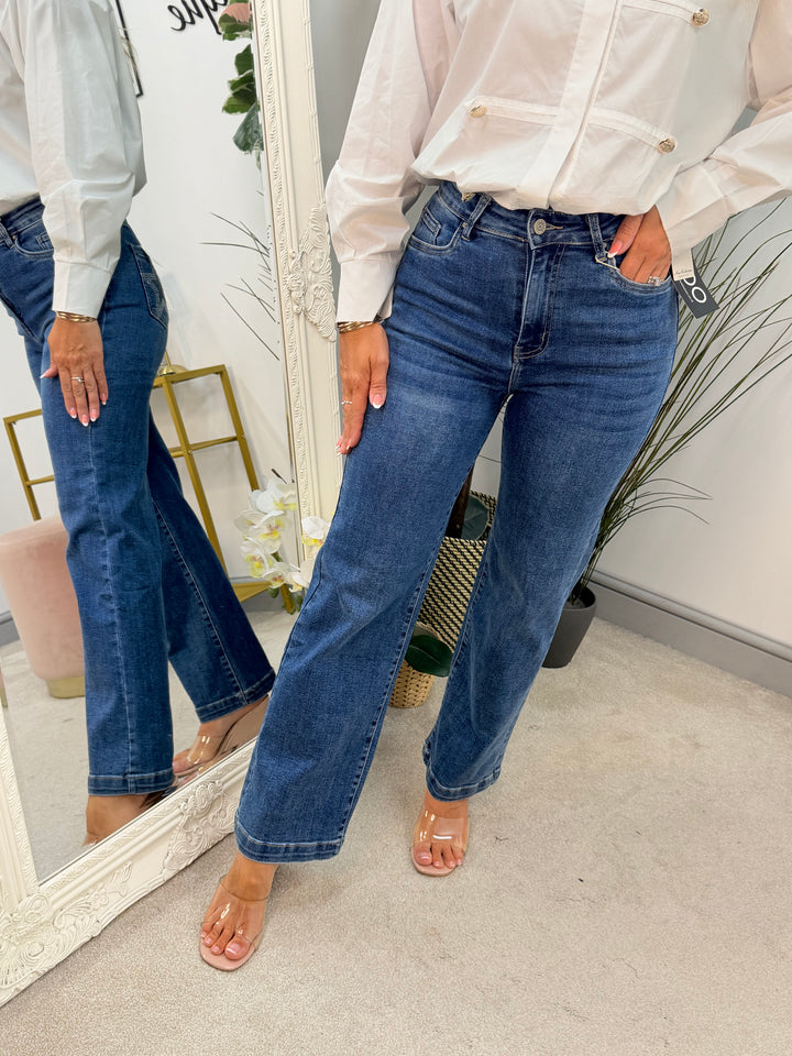 Ladies Fashion Wide Leg Denim Diamante Jeans