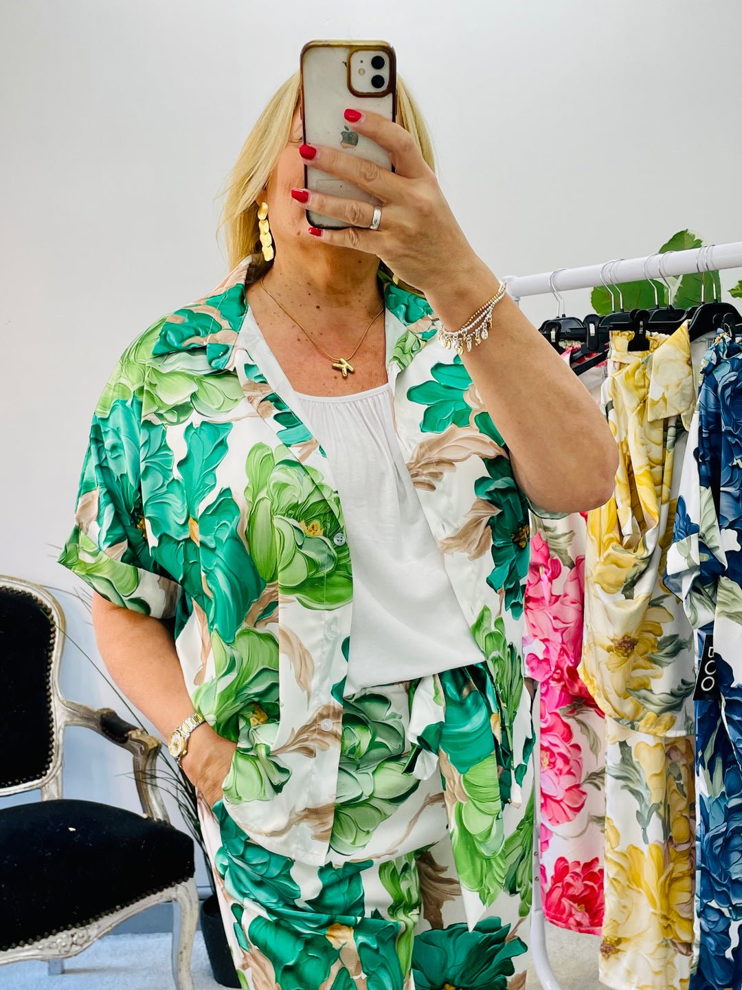LADIES SATIN FLORAL PRINT BLOUSE TOP - YELLOW, NAVY, BLACK, PINK, GREEN