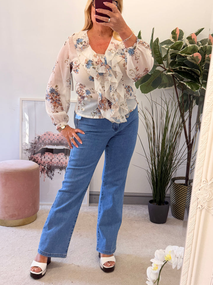 Ladies Chiffon Floral Print Blouse Top - Pink, Blue, Lemon, White