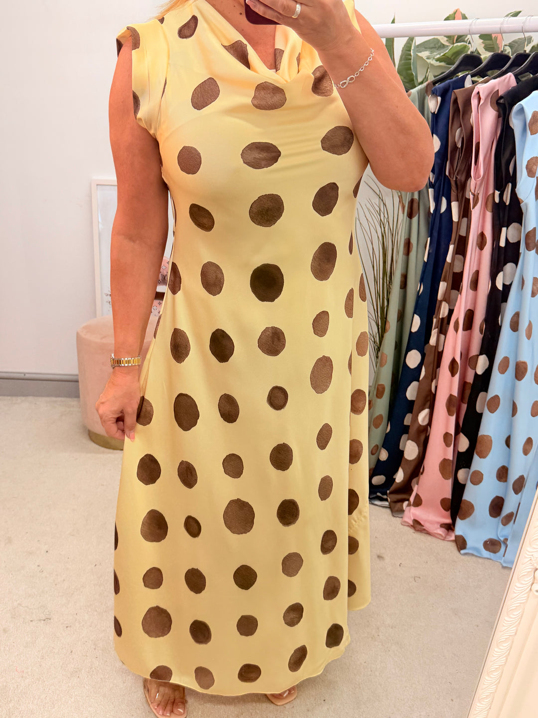 Ladies Satin Polka Dot Sheath Dress - Lemon, Black, Pink, Khaki, Navy, Black & Blue