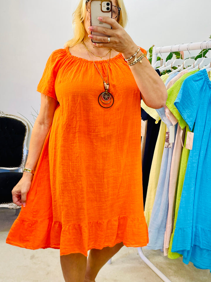 LADIES COTTON SUMMER BARDOT DRESS - BLACK, NAVY, PINK, LEMON, ORANGE, BLUE & LIME