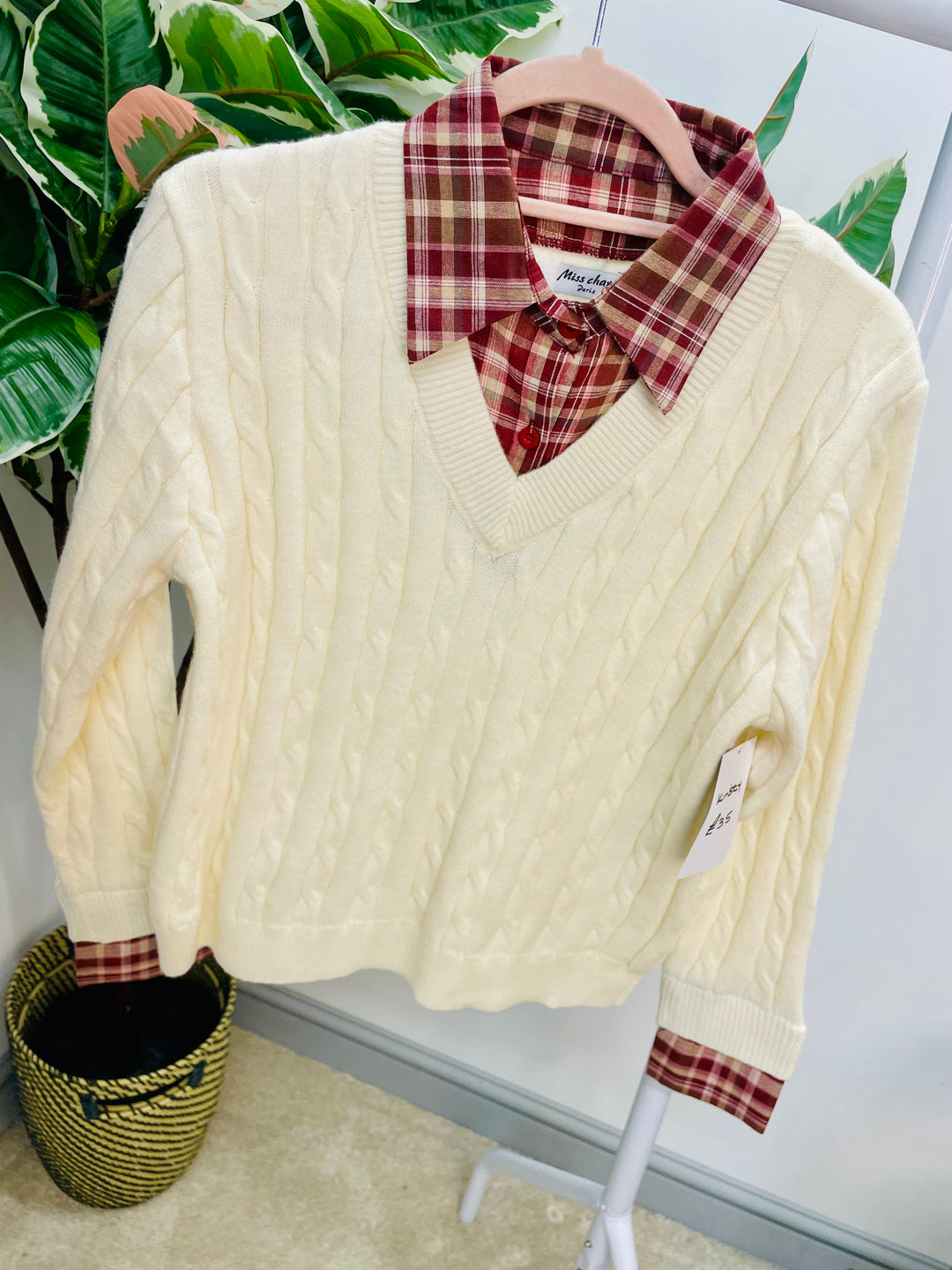 LADIES CABLE KNIT SHIRT JUMPER - CREAM & BROWN