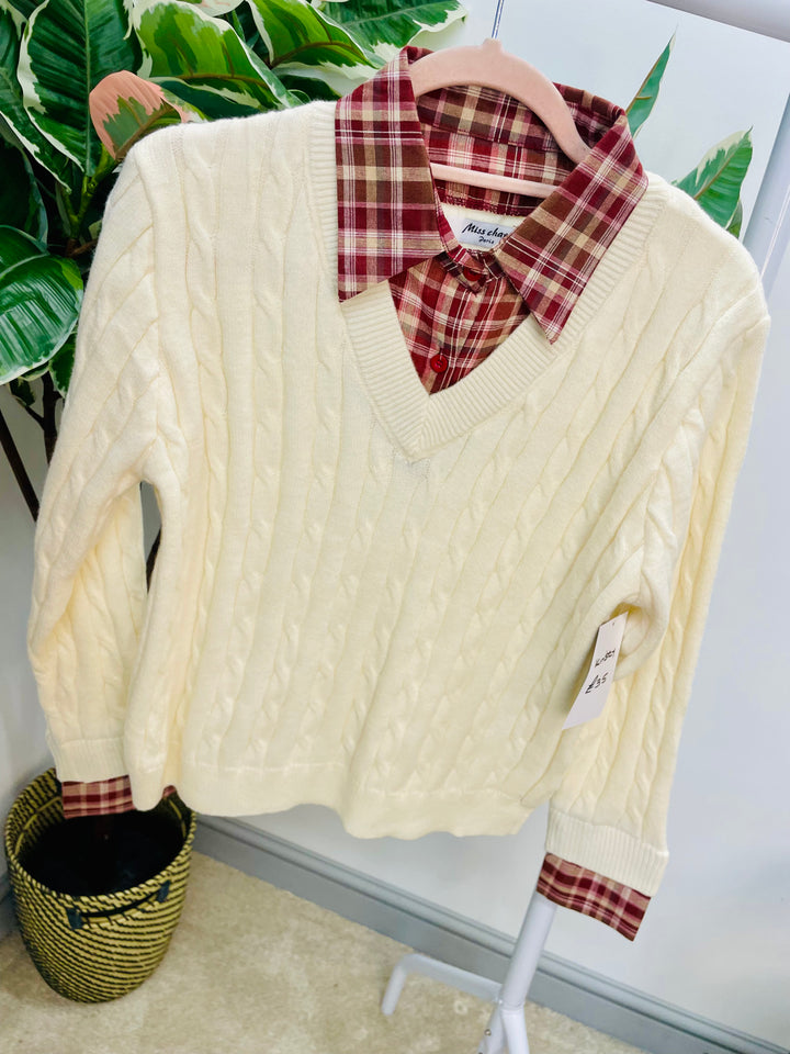 LADIES CABLE KNIT SHIRT JUMPER - CREAM & BROWN