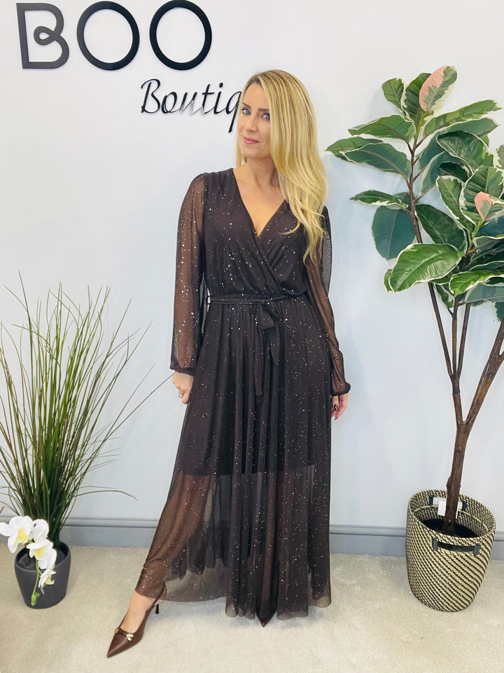 LADIES STRETCH NET PARTY MAXI DRESS - BLACK, BERRY, BROWN & GREEN