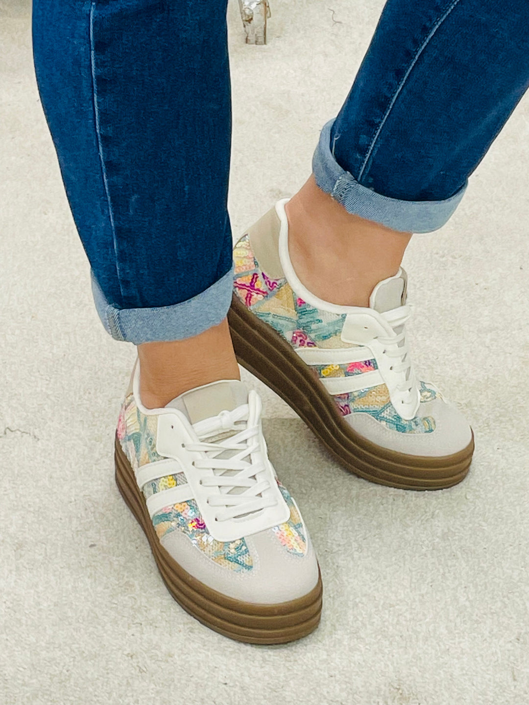 COLOURED SEQUIN FLATFORM TRAINERS ( LT33 )