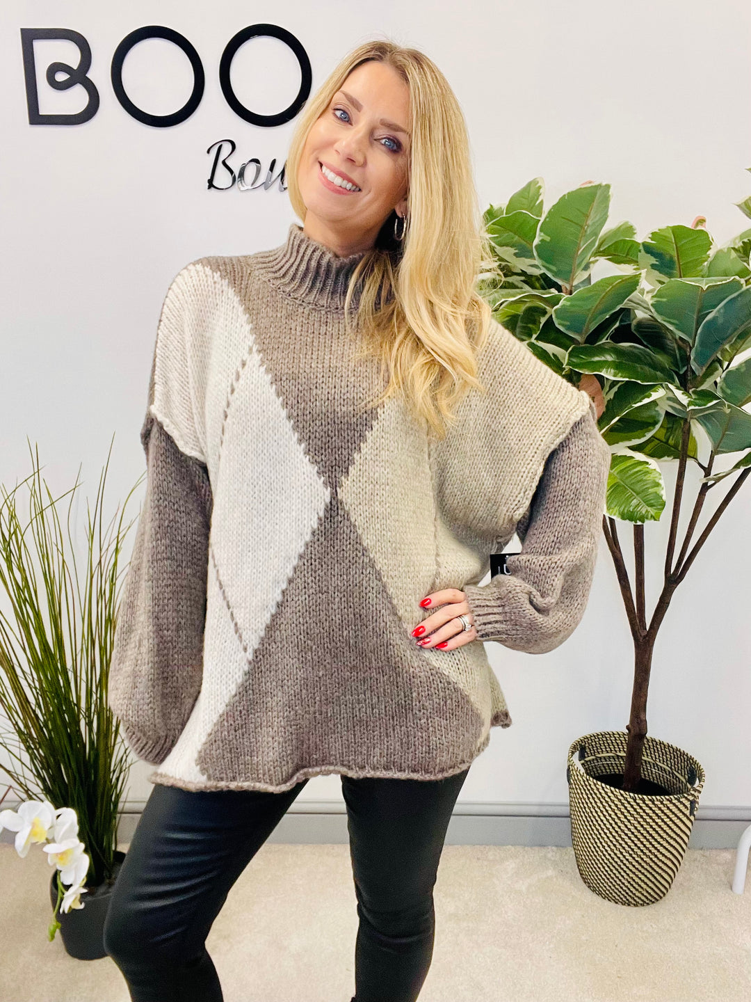 LADIES ARGYLE KNIT OVERSIZE JUMPER - CREAMS, BROWN, BEIGE