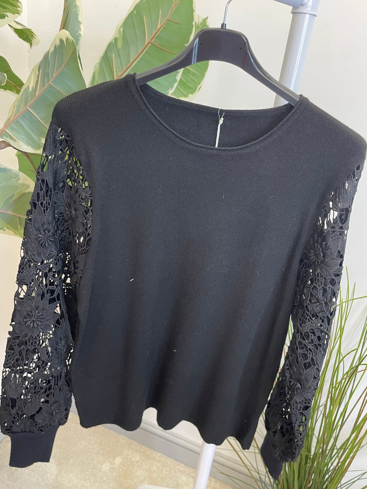 LADIES LACE SLEEVE JUMPER - BLACK, PINK, RED, BERRY,  BROWN & BEIGE