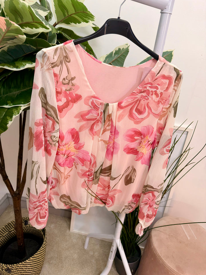 Ladies Fashion Flower Chiffon Blouse Top - Pink, Navy & Blue