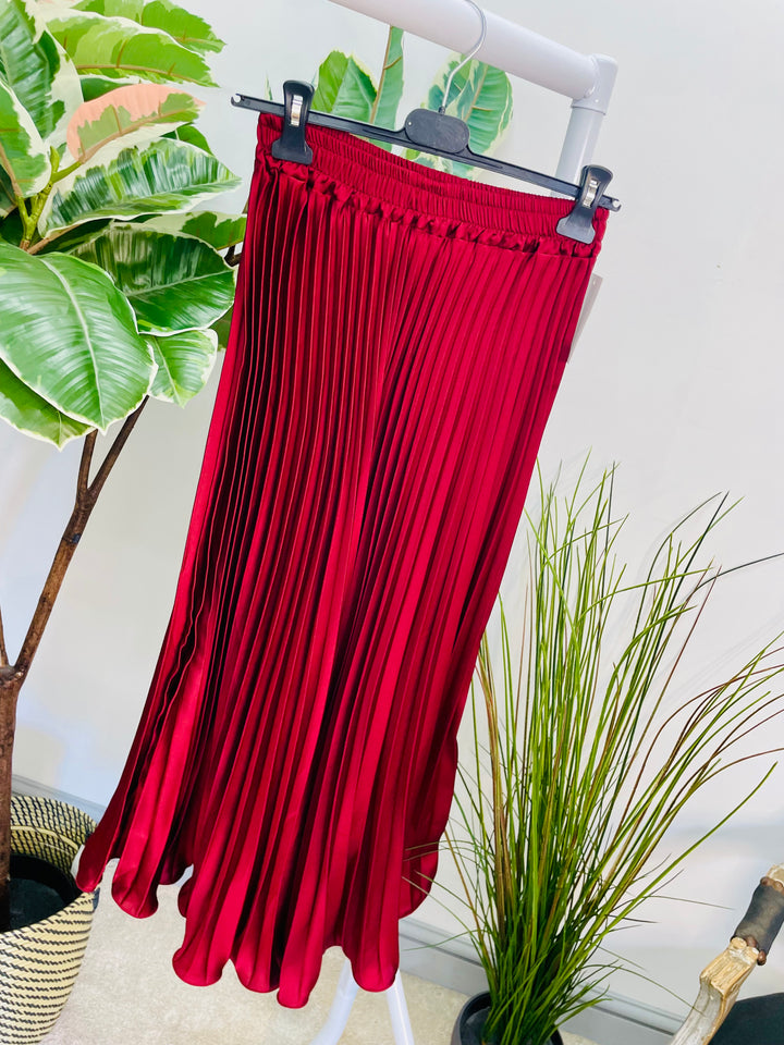 LADIES SATIN PLEATED MAXI SKIRT - BLACK, BURGUNDY, BROWN & CHAMPAGNE