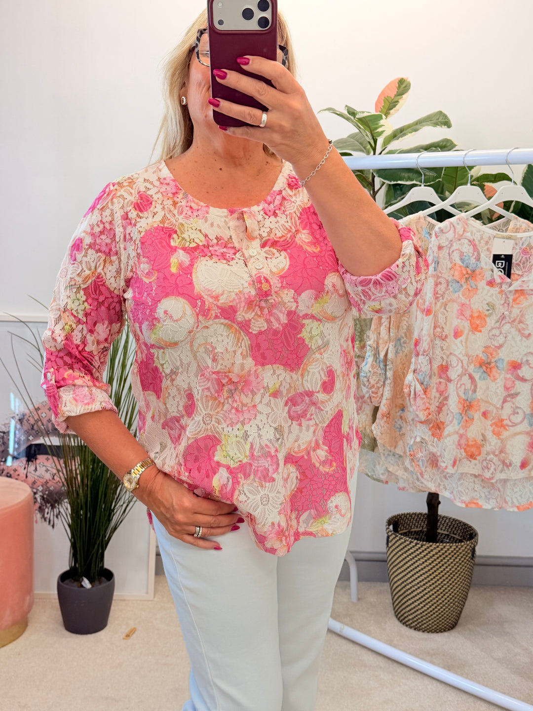 Ladies Lace Grandad Top - Khaki, Pink, Beige & White