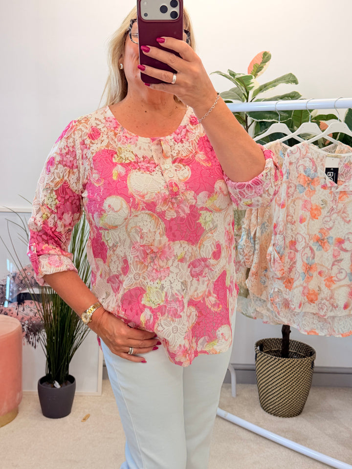 Ladies Lace Grandad Top - Khaki, Pink, Beige & White