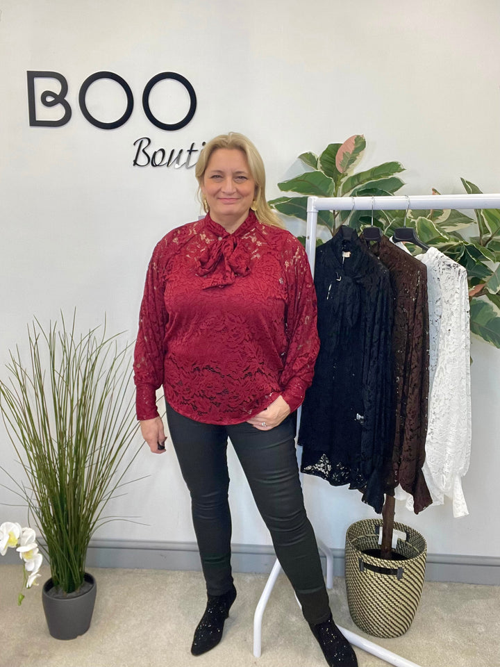 LADIES SHEER LACE BLOUSE SHIRT - WHITE, BLACK, BROWN & BERRY