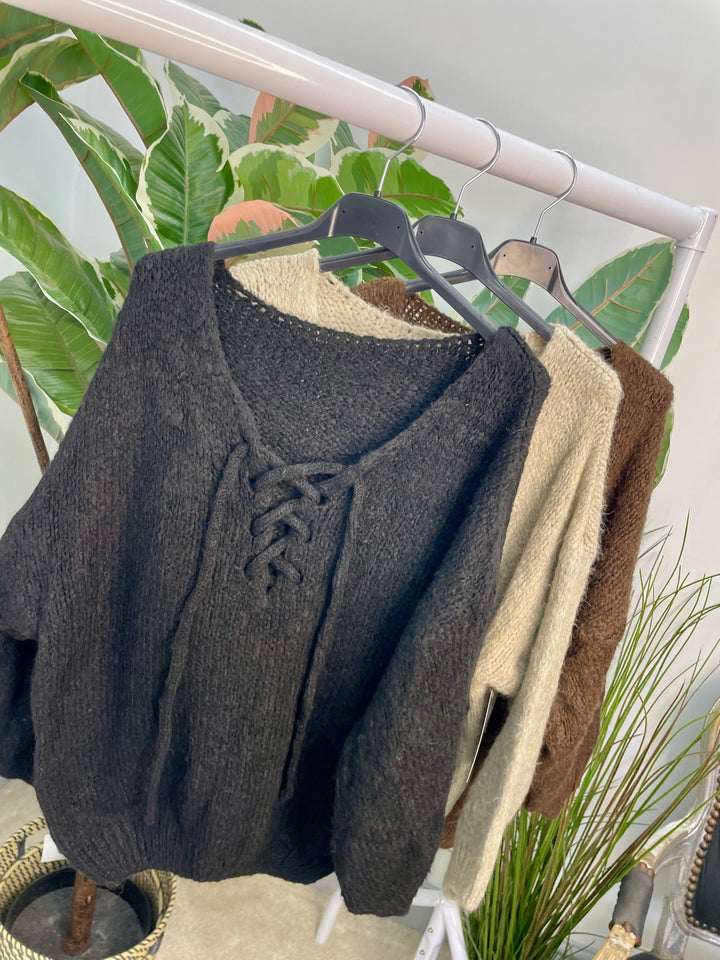 LADIES CHUNKY KNIT TIE NECK JUMPER - BLACK, BEIGE & BROWN