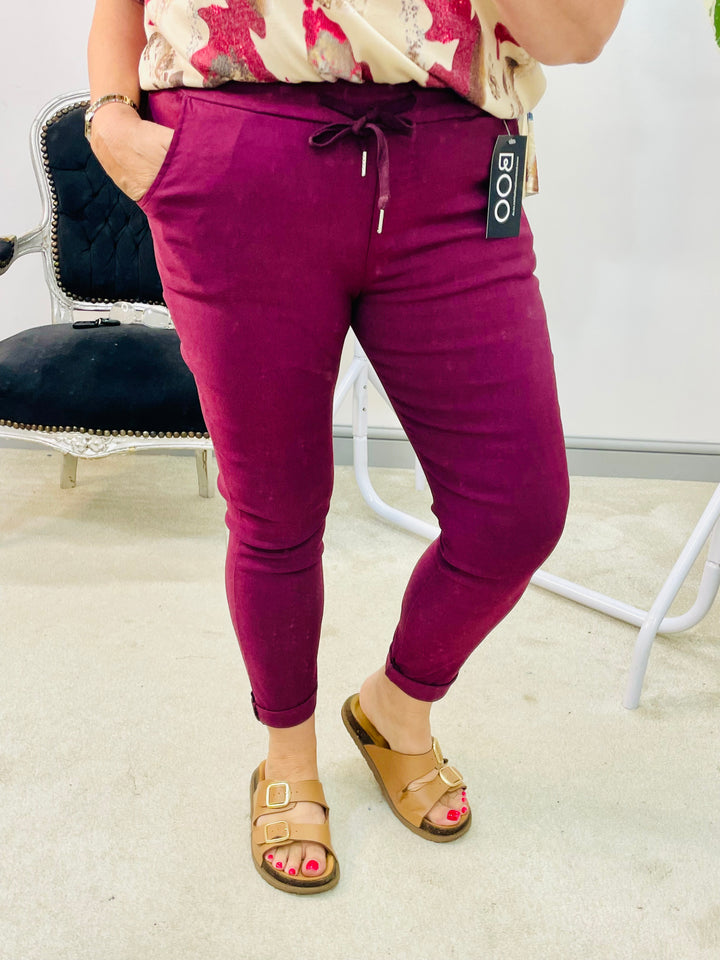 LADIES WOMENS SMART STRETCH MAGIC TROUSERS PLUM MAGENTA