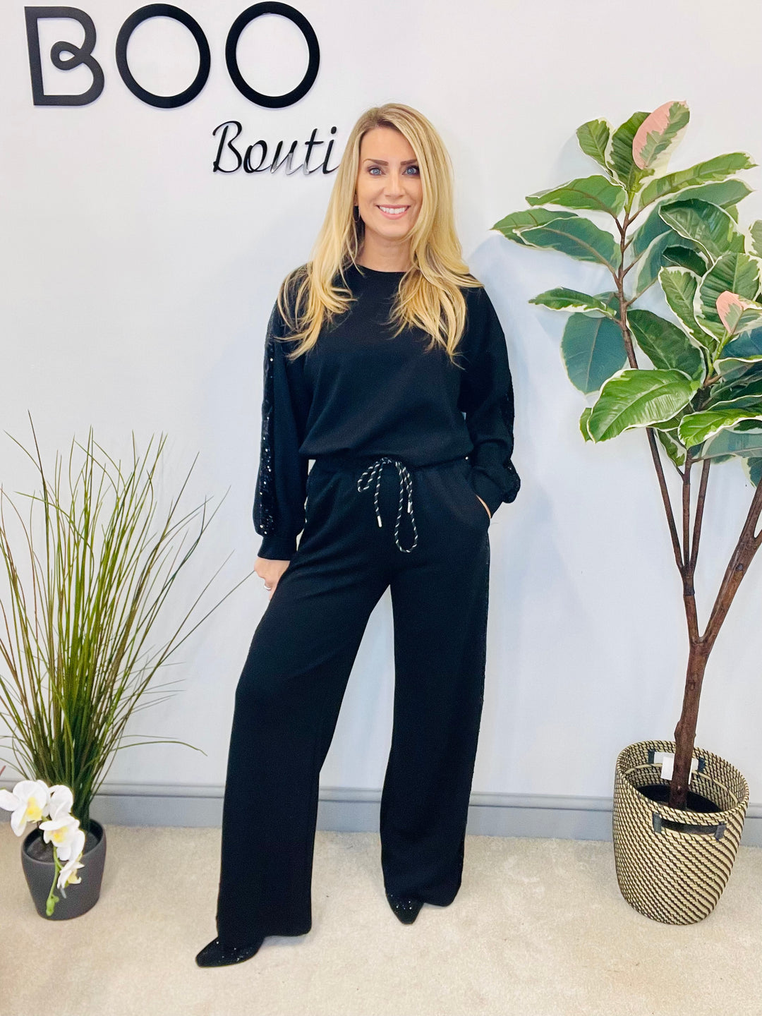 LADIES SEQUIN SCUBA WIDE LEG TROUSER CO ORD SET - BROWN, BLACK, NAVY